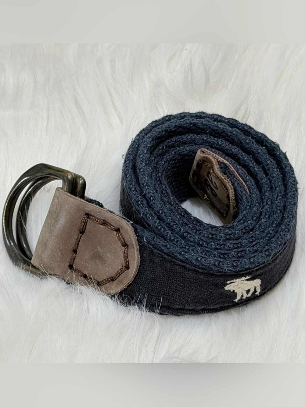 Vintage Abercrombie Kids Boys Navy Blue Embroidered Moose D-Ring Belt L 37”